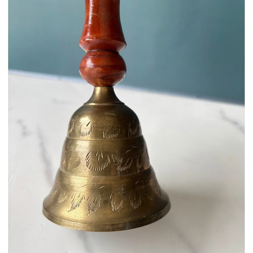 Vintage Etched Brass Hand Bell Wood Handle India Decorative Dinner Bell 7.5
